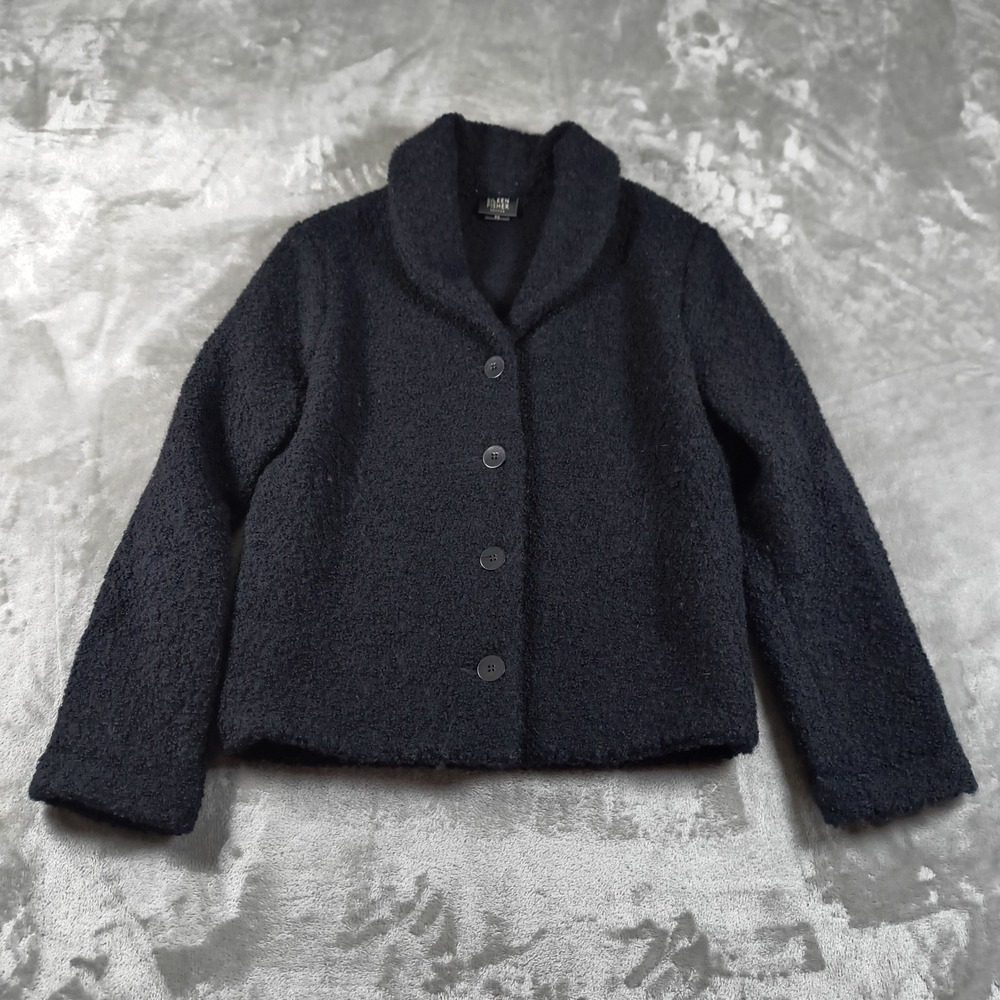 Eileen Fisher Jacket Womens PS Black Wool Alpaca Boucle Button Cardigan USA